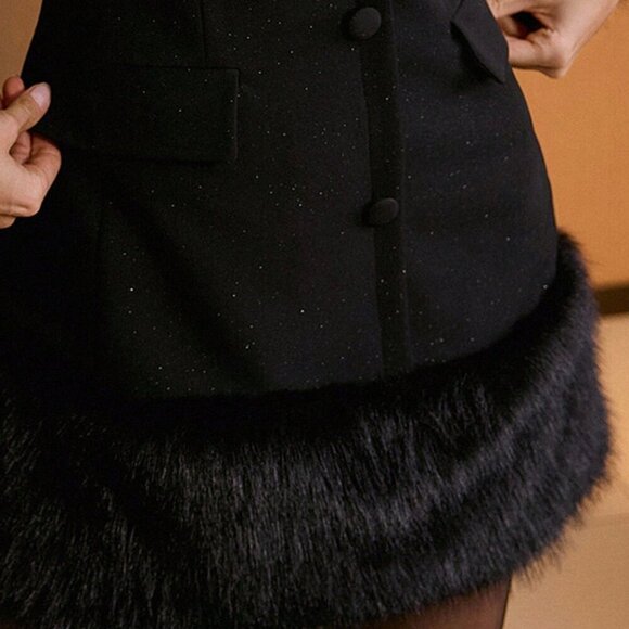 Black Elegant Women's faux fur Panel Lapel Collar Flap Detail Short mini Dress - Picture 6 of 6